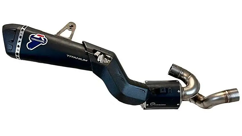 Scarico semi-completo Termignoni non omologato con collettori in acciaio inox e terminale in titanio grigio con fondello in carbonio per Ducati Multistrada V4 2025