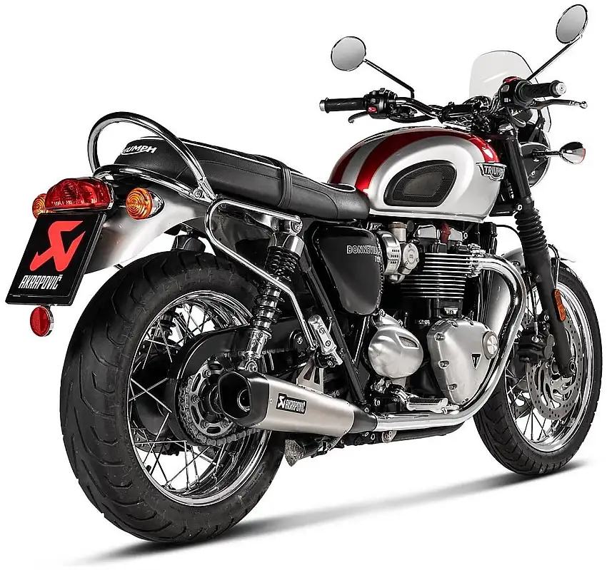 Terminali di scarico Akrapovic omologati in titanio con fondello in carbonio per Triumph Bonneville T120 16-20 (Coppia)