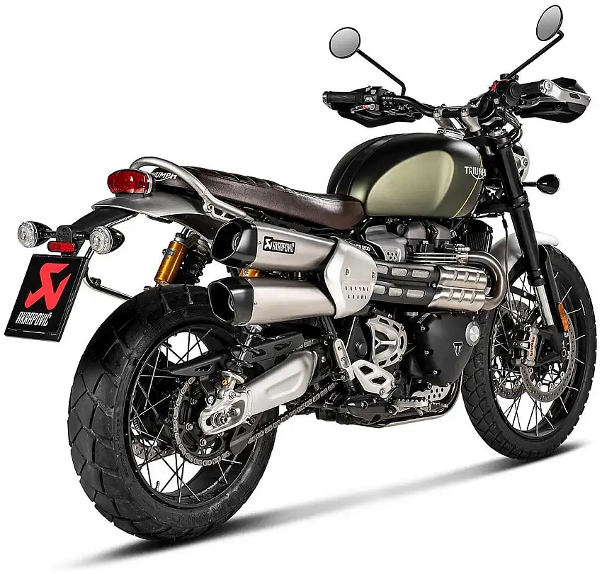 Terminali di scarico Akrapovic omologati in titanio con fondello in carbonio per Triumph Scrambler 1200 19-20 (Coppia)