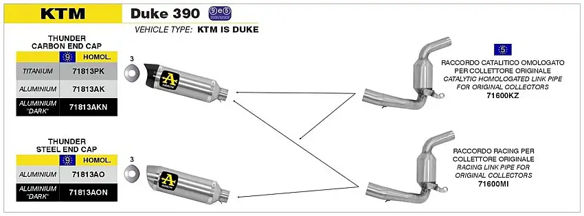 Terminale di scarico Arrow Thunder alluminio Dark omologato per KTM 390 RC 15-16