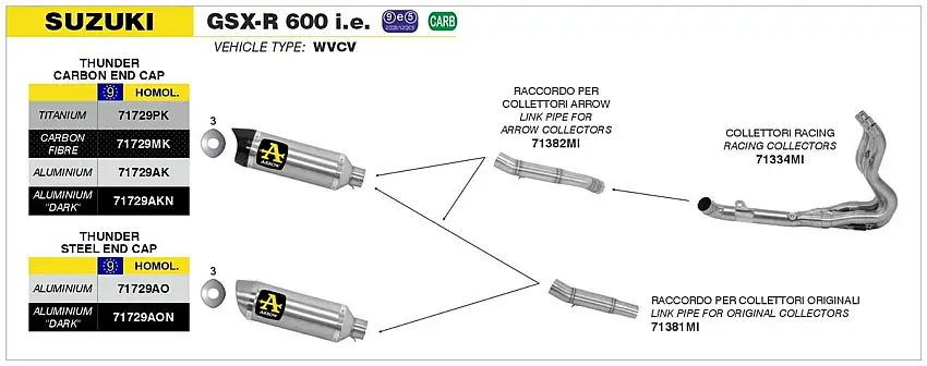 Terminale di scarico Arrow Thunder Approved carbonio con fondello carby omologato per Suzuki GSX-R 600 08-10