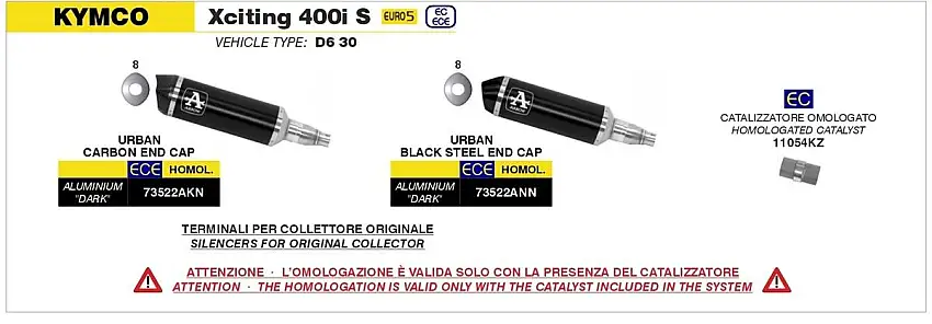 Terminale di scarico Arrow Urban alluminio Dark con fondello carby omologato per Kymco Xciting 400 I S E4 21-24