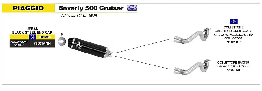 Terminale di scarico Arrow Urban alluminio Dark con fondello Dark omologato per Piaggio Beverly 500 Cruiser 07-12