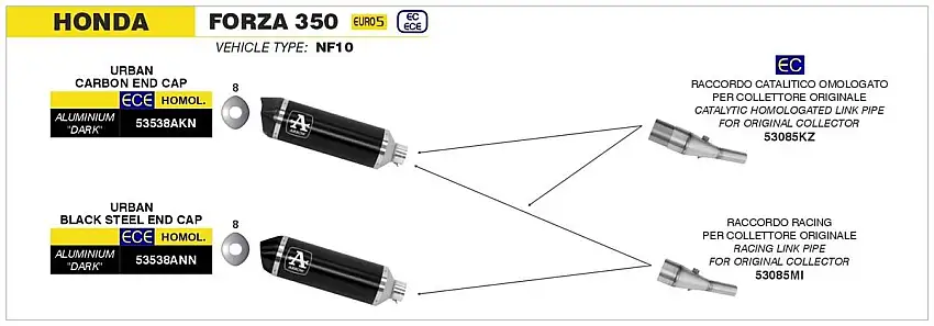 Terminale di scarico Arrow Urban alluminio Dark con fondello in carbonio omologato per Honda Forza 350 21-24