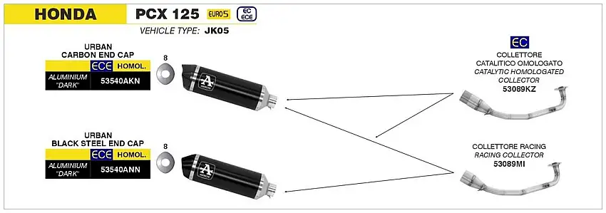 Terminale di scarico Arrow Urban alluminio Dark con fondello in carbonio omologato per honda pcx 125 21-24