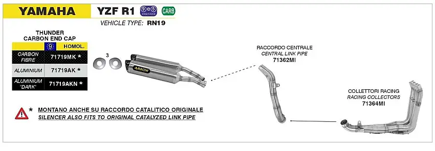 Terminali di scarico Arrow Thunder alluminio (Dx+Sx) con fondello carby omologato per Yamaha R1 07-08